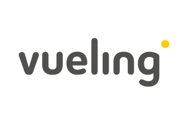 Vueling Airlines official logo featuring gray lowercase text and a yellow dot on a black background.