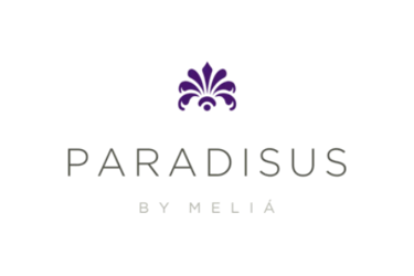 Paradisus by Melia luxury hotel logo featuring a purple fan emblem on a black background.