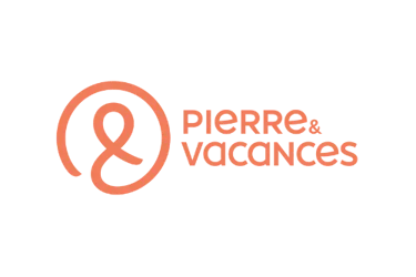 Pierre & Vacances logo with orange typography and circular abstract symbol on a black background.