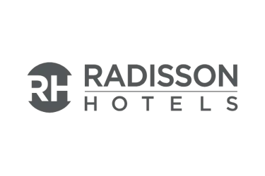 Gray Radisson Hotels logo with RH circle emblem on a solid black background.