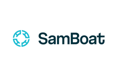 SamBoat boat rental company logo featuring a blue circular emblem and text on a black background.