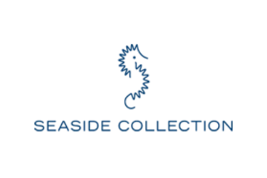 Seaside Collection brand logo featuring a blue seahorse icon on a black background.