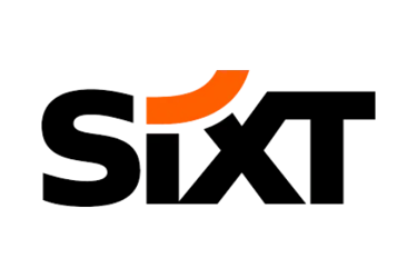 A minimalist orange curved graphic element displayed against a solid black background, logo of Sixt.