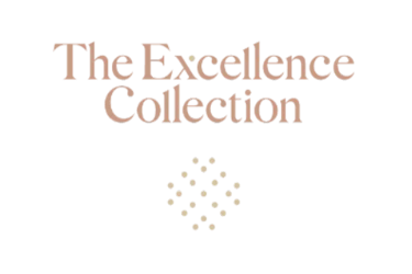 Luxury The Excellence Collection logo in gold serif font with a diamond dot pattern on a black background.