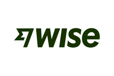 Wise brand logo with dark green text and fast flag icon on a black background.