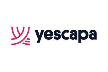 Yescapa brand logo featuring a pink abstract symbol and navy blue text on a black background.