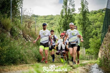 Athletes pushing an adaptive racing wheelchair during an inclusive trail running event in nature.