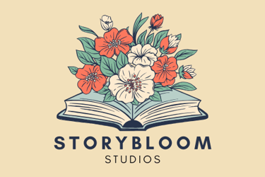 creative flowery logo of flowers growing from a book for storybloom studios