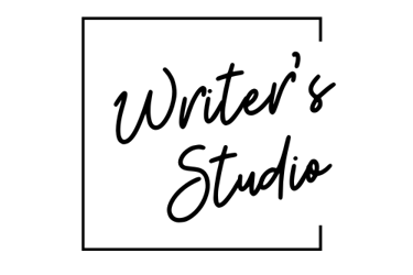 minimalist logo for the Writer's Studio with three-sided square and script letters