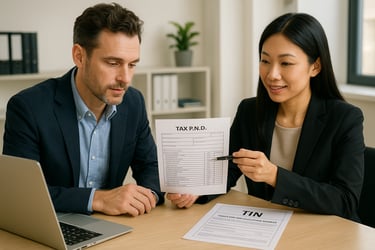 a man and woman sitting at a table with a tax bill