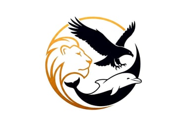 a black and white eagle and a lion and a lion