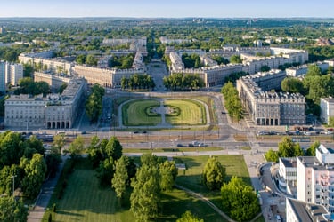 Aerial view of the socialist realist architecture and green city planning at Plac Centralny in Nowa Huta, Krakow.