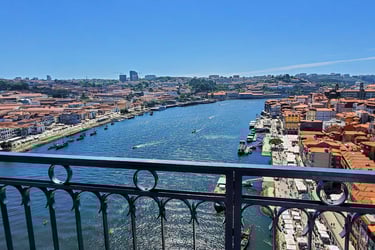 Panoramic view of the Douro River and riverbanks from a bridge, capturing the city and scenic waterw