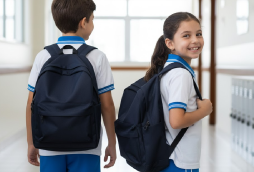 A smiling young girl and boy wearing school uniforms and backpacks in a hallway.