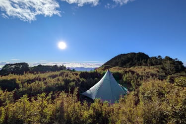 a tent pitched up in the grass near a mountain in Taiwan