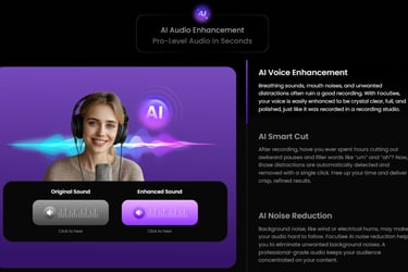 AI Audio Enhancement interface showing all three features - Voice Enhancement, Smart Cut, and Noise