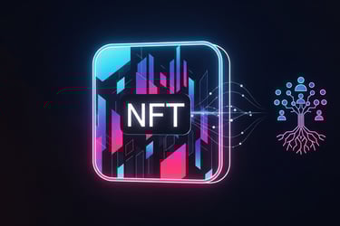 Modern graphic representing an NFT connected to a community symbol.