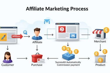 Diagram of affiliate marketing with customer, purchase, and commission.