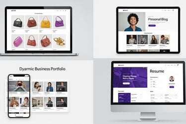 Collage of various website types on multiple devices in purple-white theme.
