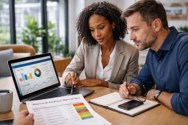 Consultora e equipe de gestão em reunião de suporte estratégico para acompanhar etapas e corrigir ro