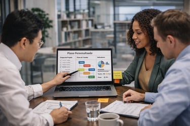 consultora e equipe de gestão definindo soluções sob medida alinhadas aos objetivos do negócio