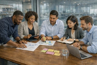 Equipe em reunião de diagnóstico empresarial analisando gargalos, riscos e oportunidades de melhoria
