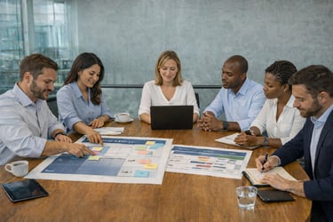 Equipe em reunião de planejamento empresarial definindo metas, prioridades e plano de ação