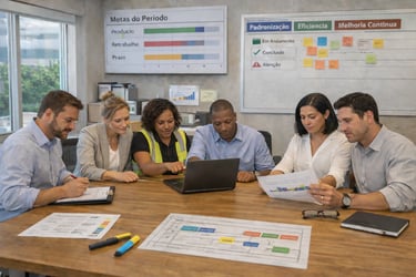 Equipe em reunião de gestão da qualidade e produtividade para reduzir desperdícios e aumentar eficiê