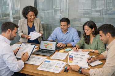 Equipe em reunião de análise e auditoria interna ISO para identificar falhas, riscos e melhorias