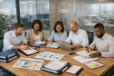 Equipe em reunião de implantação da norma ISO para estruturar o sistema de gestão e preparar auditor