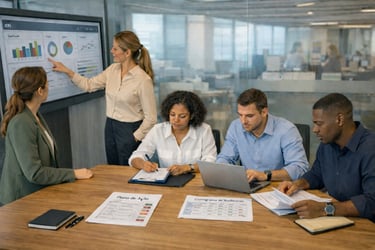 Equipe em reunião de suporte estratégico contínuo ISO para manter conformidade e melhoria contínua