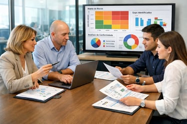 Equipe em reunião de diagnóstico inicial ISO avaliando processos, documentos e prioridades de adequa