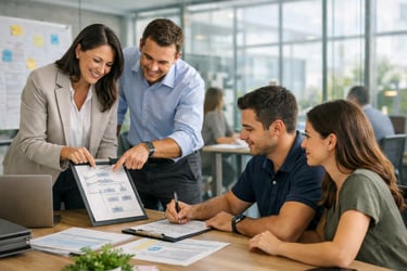Consultora orientando a implementação do sistema de gestão para gestor e equipe em reunião