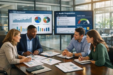 Equipe avaliando documentação e indicadores na etapa de avaliação e melhoria contínua do sistema de 