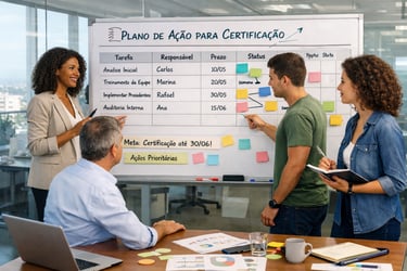 Equipe analisando quadro com plano de ação no planejamento estratégico personalizado para certificaç