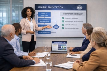 Reunião de implantação ISO com consultora orientando equipe sobre sistema de gestão e conformidade