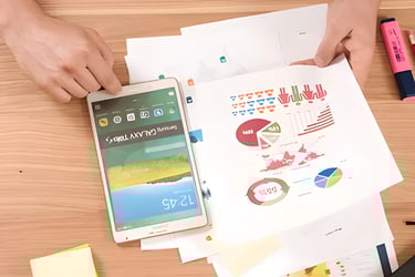 Hands holding a smartphone with a colorful interface and a paper with pie charts, symbolizing GMAT