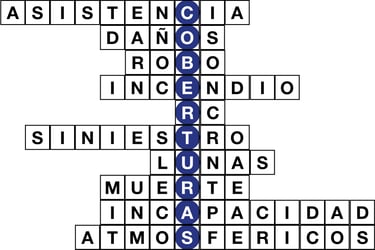 Sopa de letras con la palabra vertical "COBERTURAS" y términos relacionados con seguros.