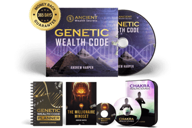 Genetic Wealth Code program bundle by Andrew Harper including books, planner, and chakra healing sound CDs.