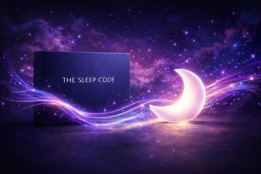 The Sleep Code product box next to a glowing crescent moon in a starry purple galaxy.