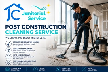 Professional post-construction cleaning service specialist vacuuming dust in a commercial building.