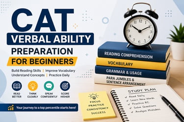 Student-focused CAT Verbal Ability preparation banner featuring study books etc for beginners.