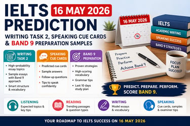 IELTS 16 May 2026 prediction banner featuring Writing Task 2 topics, Speaking cue cards etc