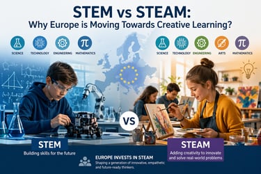 STEM vs STEAM education in Europe shows science & technology alongside creativity & arts learning.