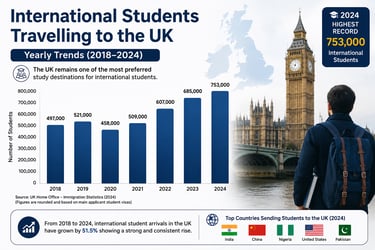 Infographic showing yearly international student travel trends to the UK from 2018 to 2024.