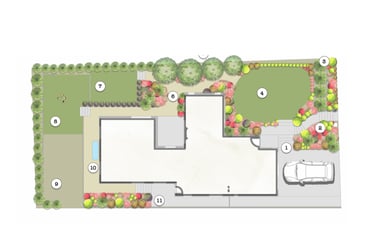 a plan of a house with a garden and landscaping