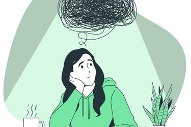 a woman sitting at a table with a thought bubble