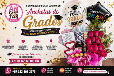Ancheta de grados en Medellín con rosas fucsias, chocolates, globo transparente “Feliz Grado”, regalos personalizados
