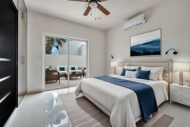 After virtual staging: A beautifully furnished bedroom with a king-size bed and modern decor in a Lo