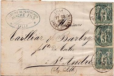 Letter franked at 15 c (rate of 01/01/1876) from the branch post office of Quartier PLACE ST MARTIN